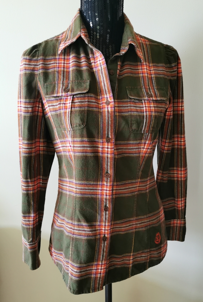 ELand Plaid Green & Orange Flannel Shirt